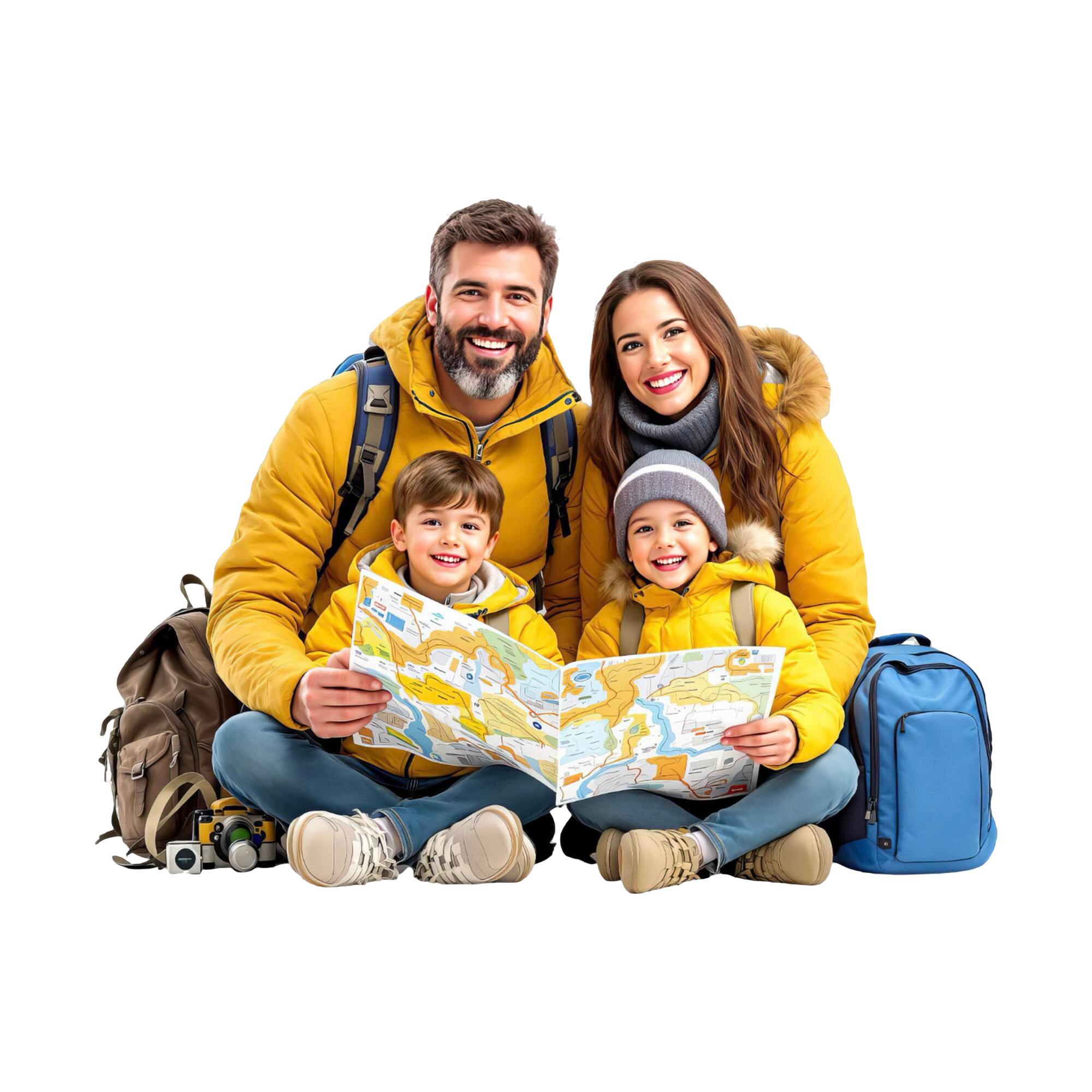 cheerful-family-four-enjoying-their-trip-with-map-illustration-transparent-background